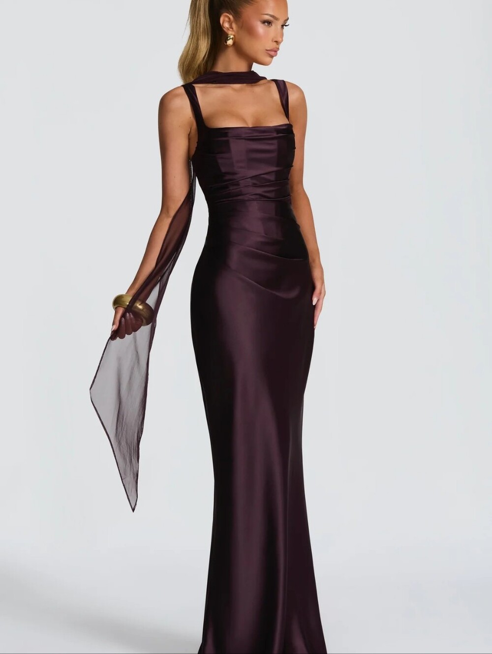 Plum Satin Maxi Dress baby boo largo Calanthe - Ciruela NWT $195